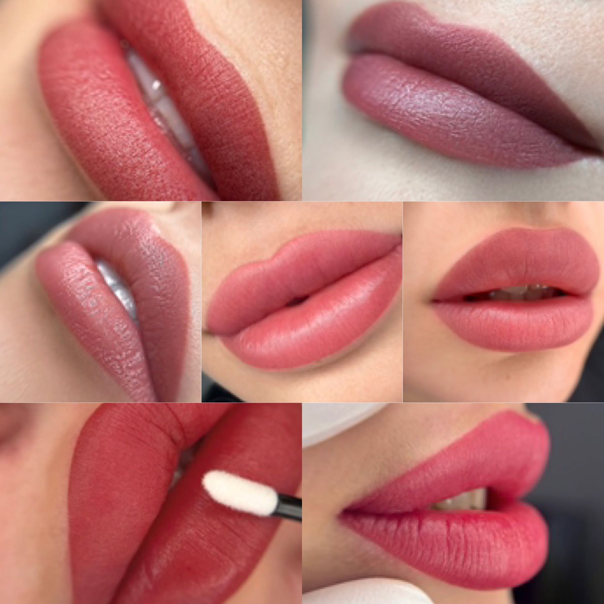 Zeven close-ups van lippen na permanente make-up, in verschillende tinten