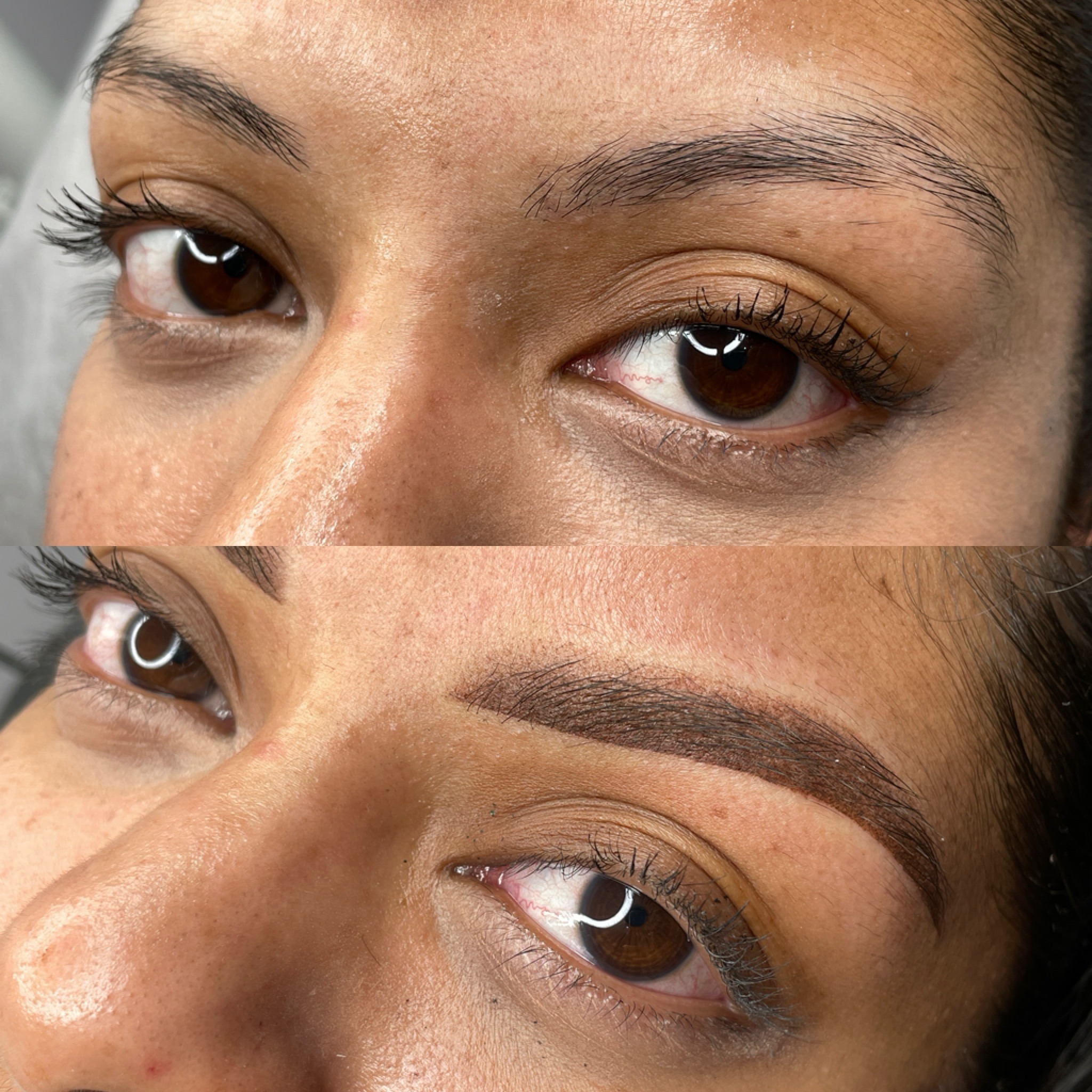 Wenkbrauw voor en na powder brows, twee close-ups boven elkaar